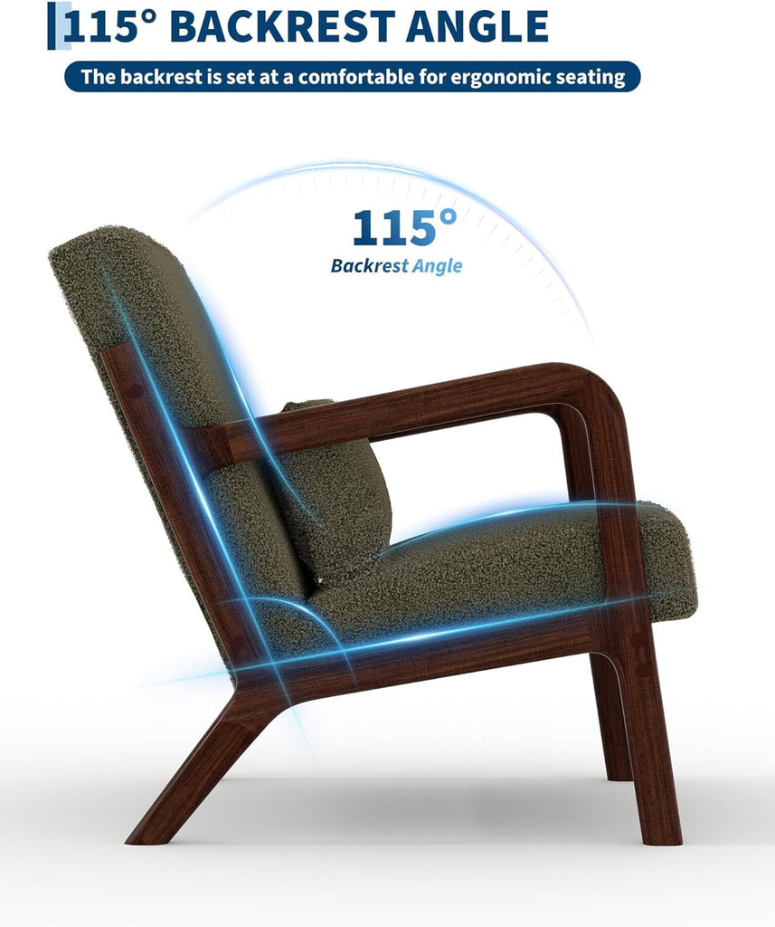 Mid-Century Modern Accent Chair, Chenille Upholstered Armchair with Wood Frame and Lumbar Pillow, Cozy Reading Chair
