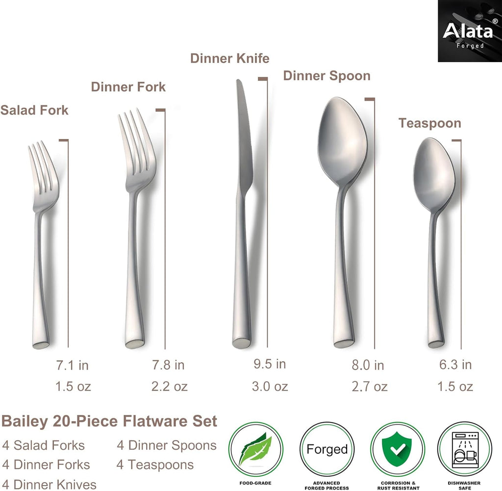 Bailey 20-Piece Forged Stainless Steel Flatware Set Cutlery Set,Service for 4,Matte Satin Finish,Dishwasher Safe…