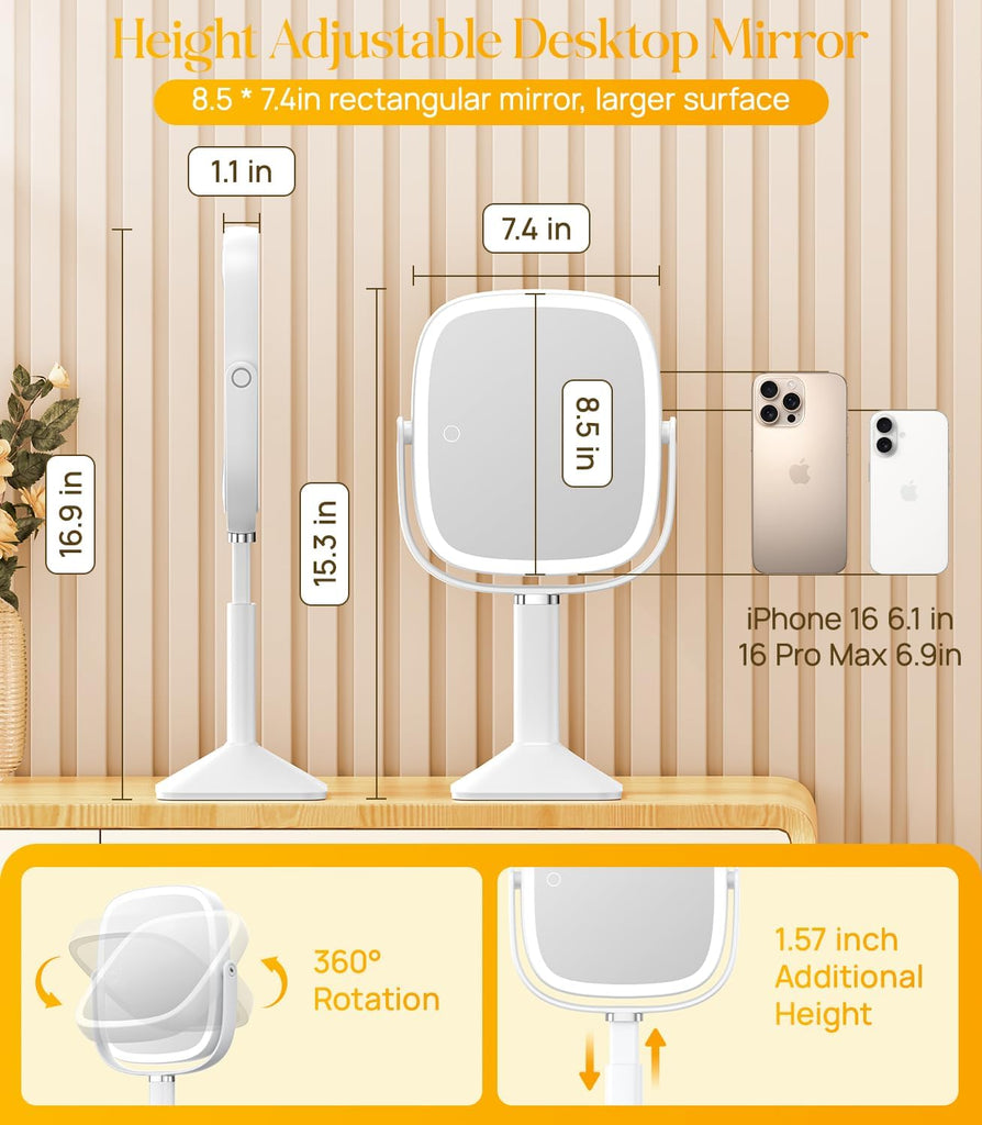 Rectangle Lighted Makeup Mirror with Magnification, 10X Magnifying Mirror with Lights 3 Color, Height Adjustable and