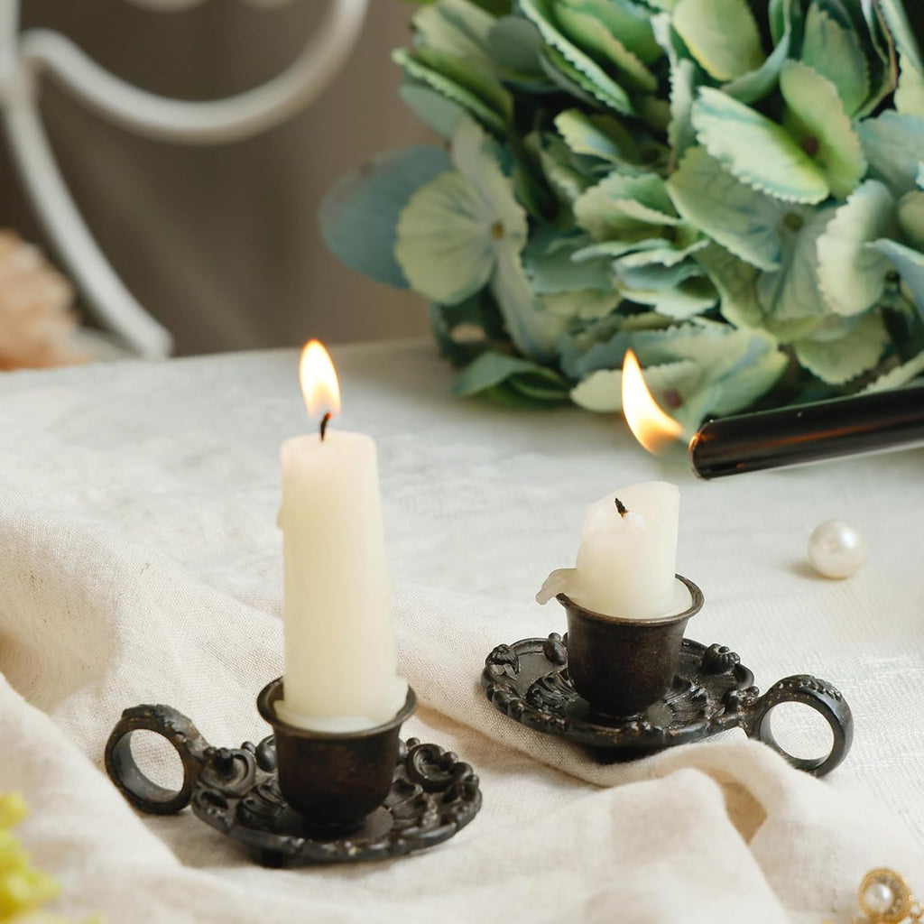 Vintage Small Brown Taper Candle Holders Set of 2, Handle Design | Old Fashioned Rustic Metal Candlestick Stand for