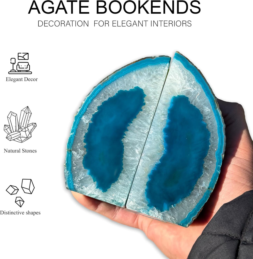 GM Teal Agate Bookends for Heavy Books. Crystal Stone Bookend. 1 Pair, A Grade, Pre-Matched Polished Geodes Home