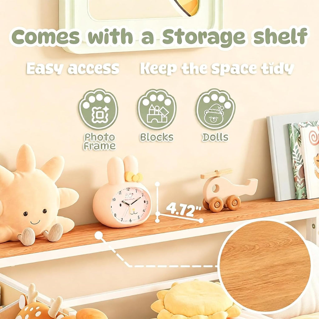 Twin Montessori Floor Bed Frame with Storage | Storage Organizer and Side Shelf, High Guardrail and Wide Entrance, No