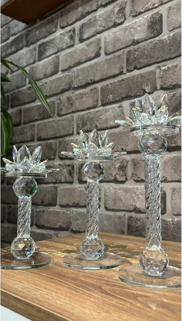 Quality Crystal Glass Lotus Candlestick Set 3-Piece Gold Tone - Decorative Candle Holders Decor - Gold