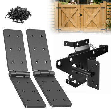 Fence Gate Hinges Heavy Duty and Self Locking Latch Set 3Pack for Wood Gates, 270° Outdoor Hardware Kit, Strap Dual