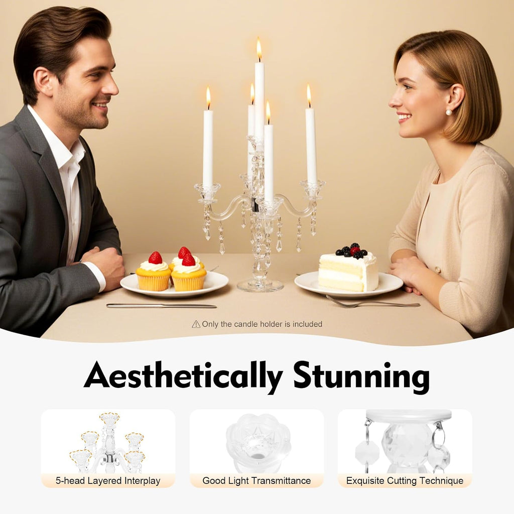 5-Arm Crystal Candelabra with Pendant, Elegant 14'' Tall Crystal Glass Candle Holder with Stable Base, Romantic Table