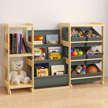 Kids Book and Toy Storage Organizer with Bins and Side Shelves | Solid pine wood frame with front book display for