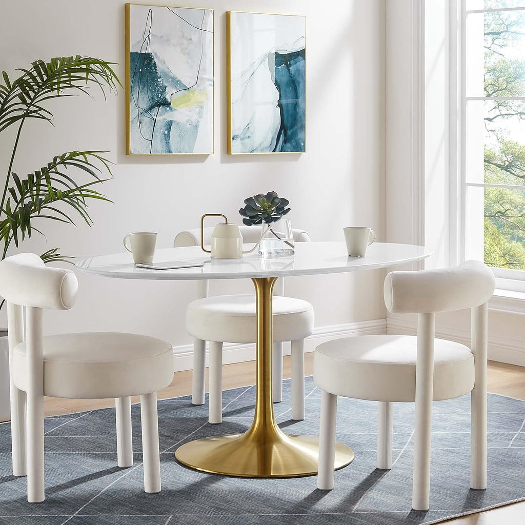 Inspired Saarinen Style Tulip Oval Pedestal Dining Table — Gold Base / White Top, 60″ Oval