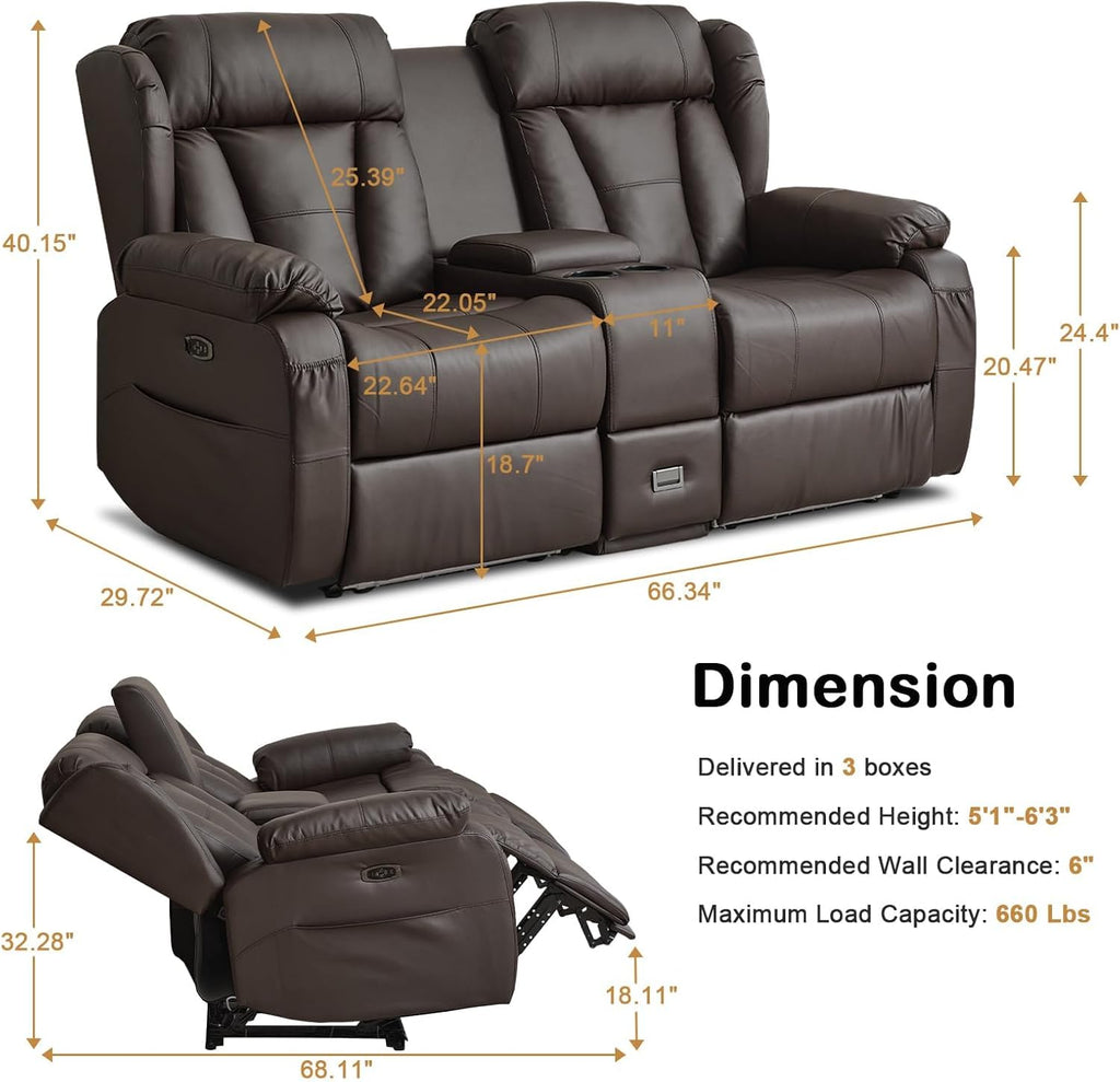 Power Reclining Loveseat Sofa, Loveseat Recliner Couch with Console, RV Recliners for Travel Trailers