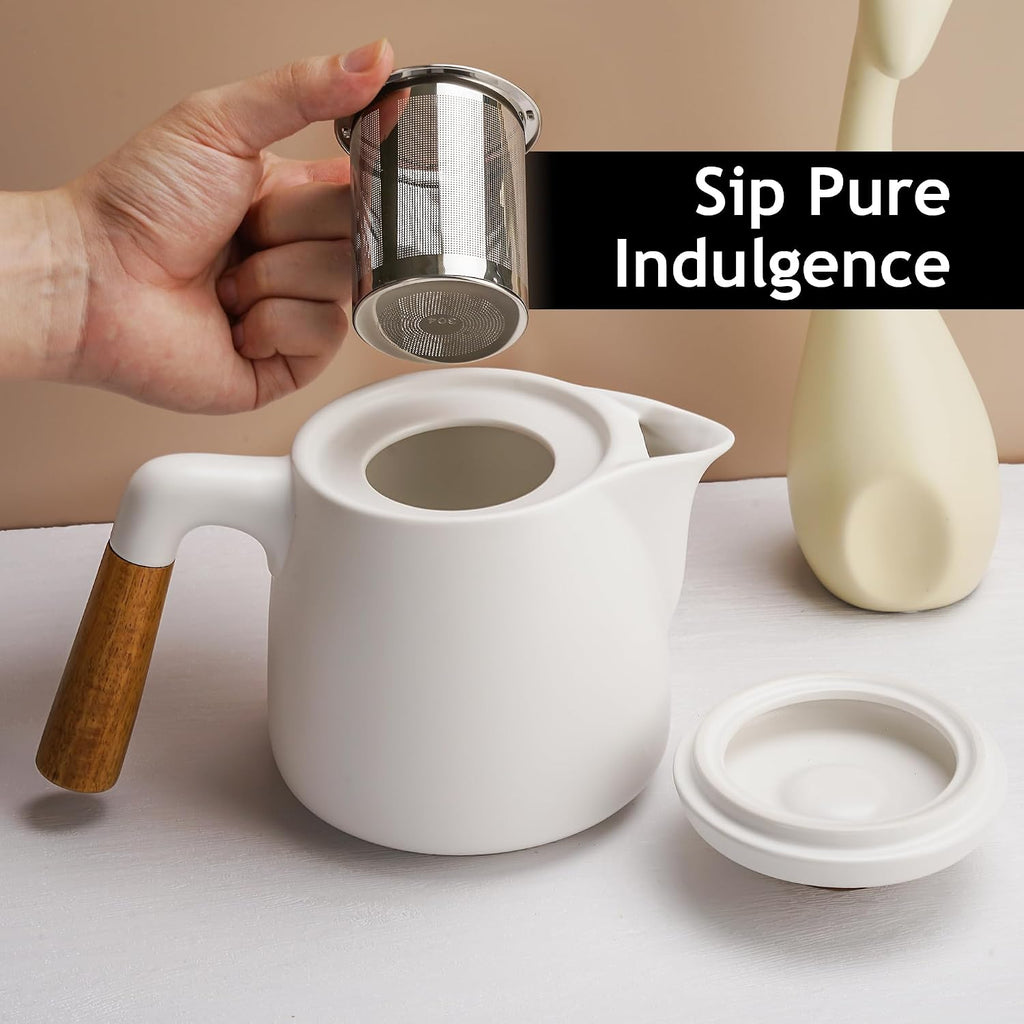 34 Oz Ceramic Tea Pot Set with Infuser and Cups/Tea Strainer, 4 Ceramic Tea Mugs (10 Oz), Bamboo Saucers/Handle