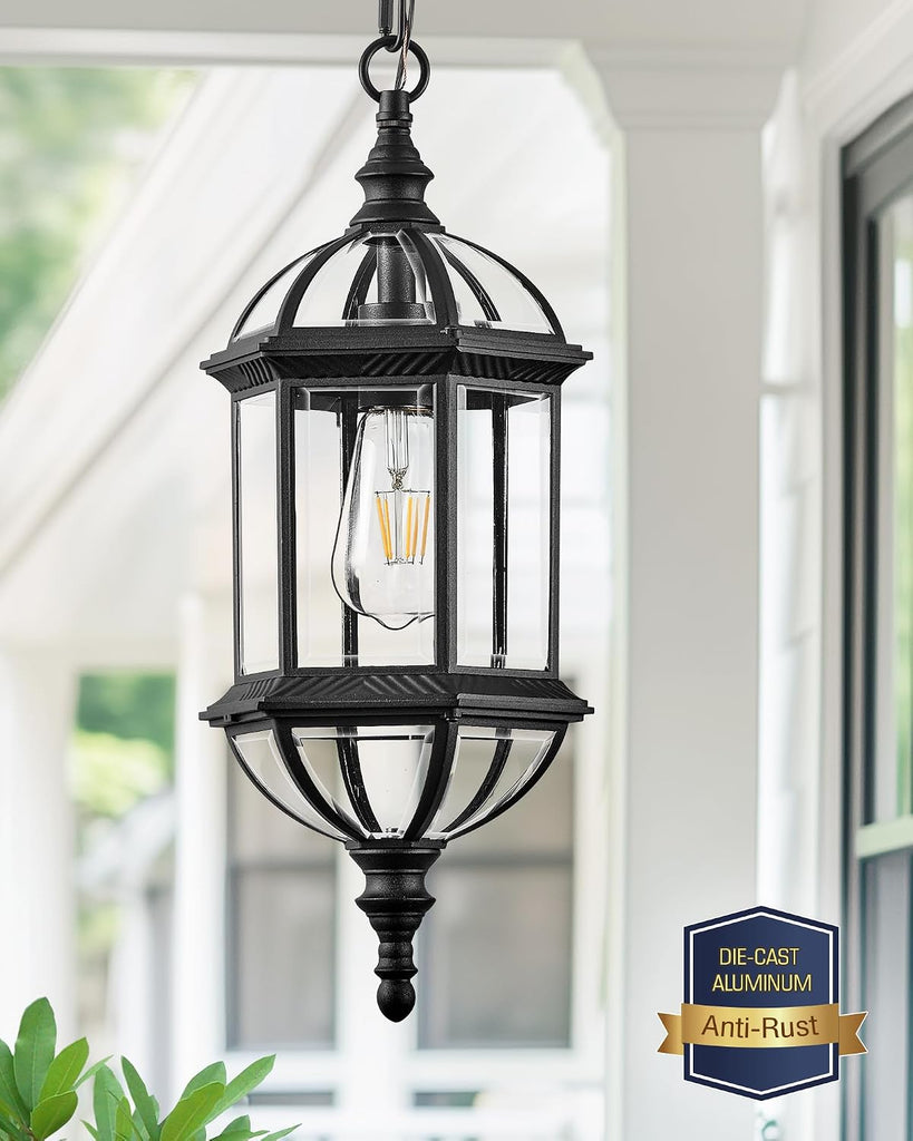 20" Large Outdoor Pendant Light, Black Outdoor Chandelier for Porch with Tempered Beveled Glass