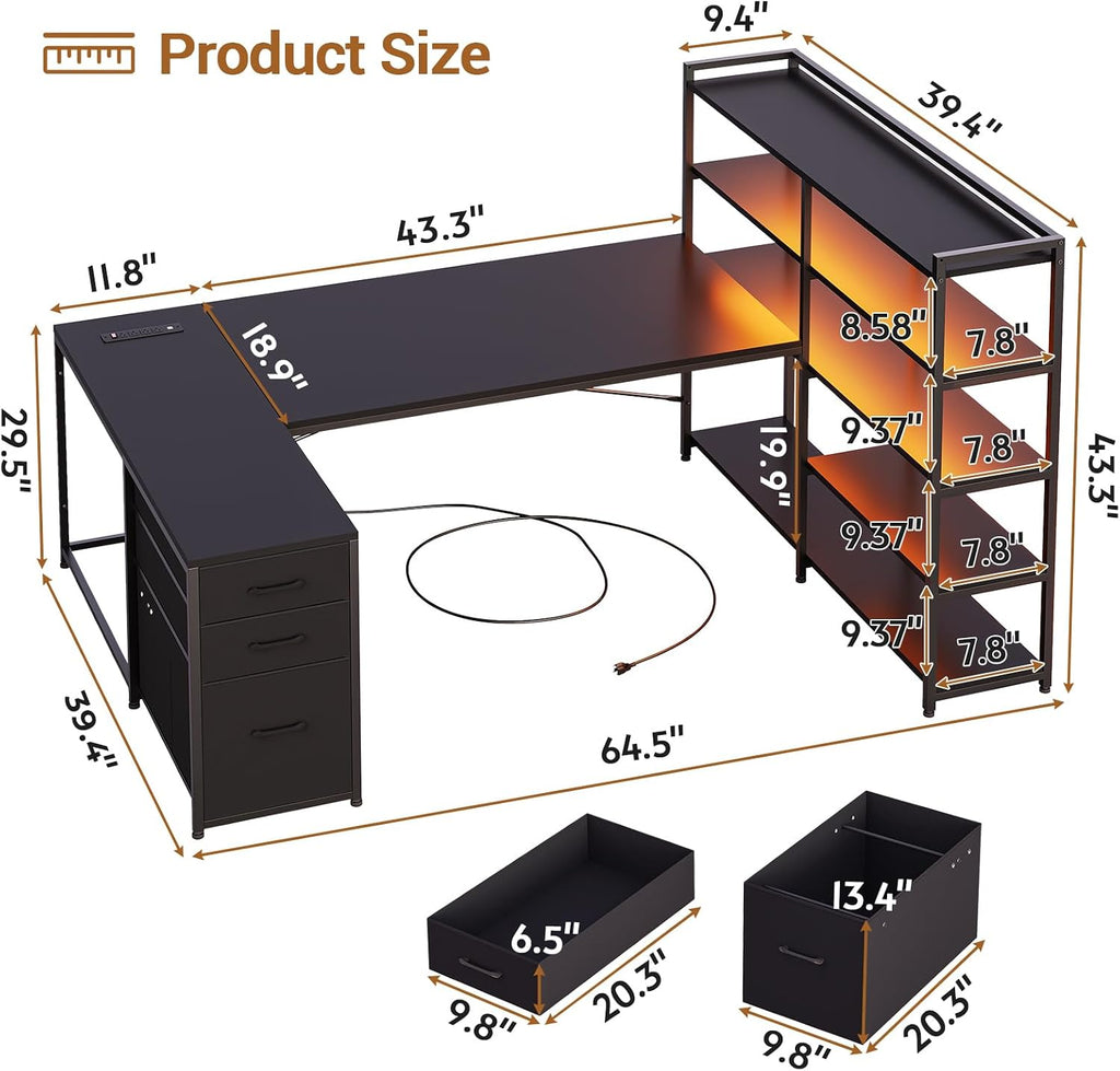 64.5" Reversible L Shaped Gaming Desk with Storage Drawers, Shelves