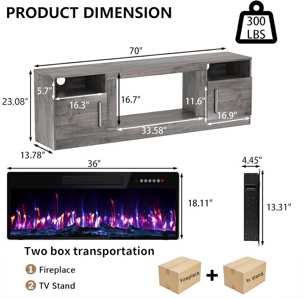 Fireplace TV Stand with 36" Fireplace Up to 80" TVs, 70" Entertainment Center with LED Lights, Remote Control, TV