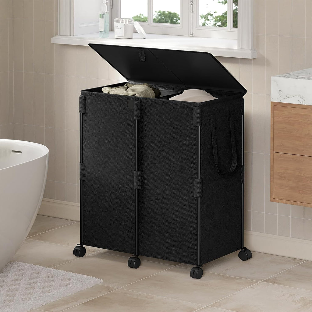 140L Double Laundry Hamper with Lid and 6 Wheels, Rolling Laundry Basket | Metal Frame Laundry Sorter 2 Section with
