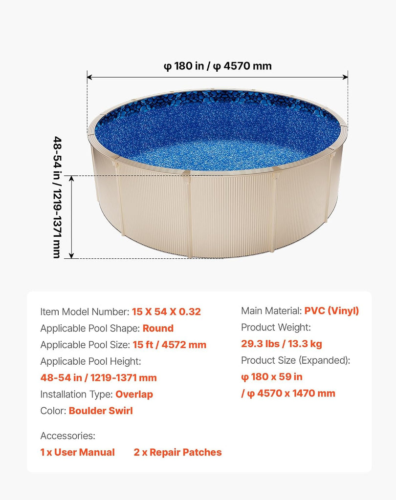 15-ft Round Above Ground Pool Liner, Overlap Pool Liners, Standard Gauge Vinyl, 48-to-54inch Wall Height, Designed