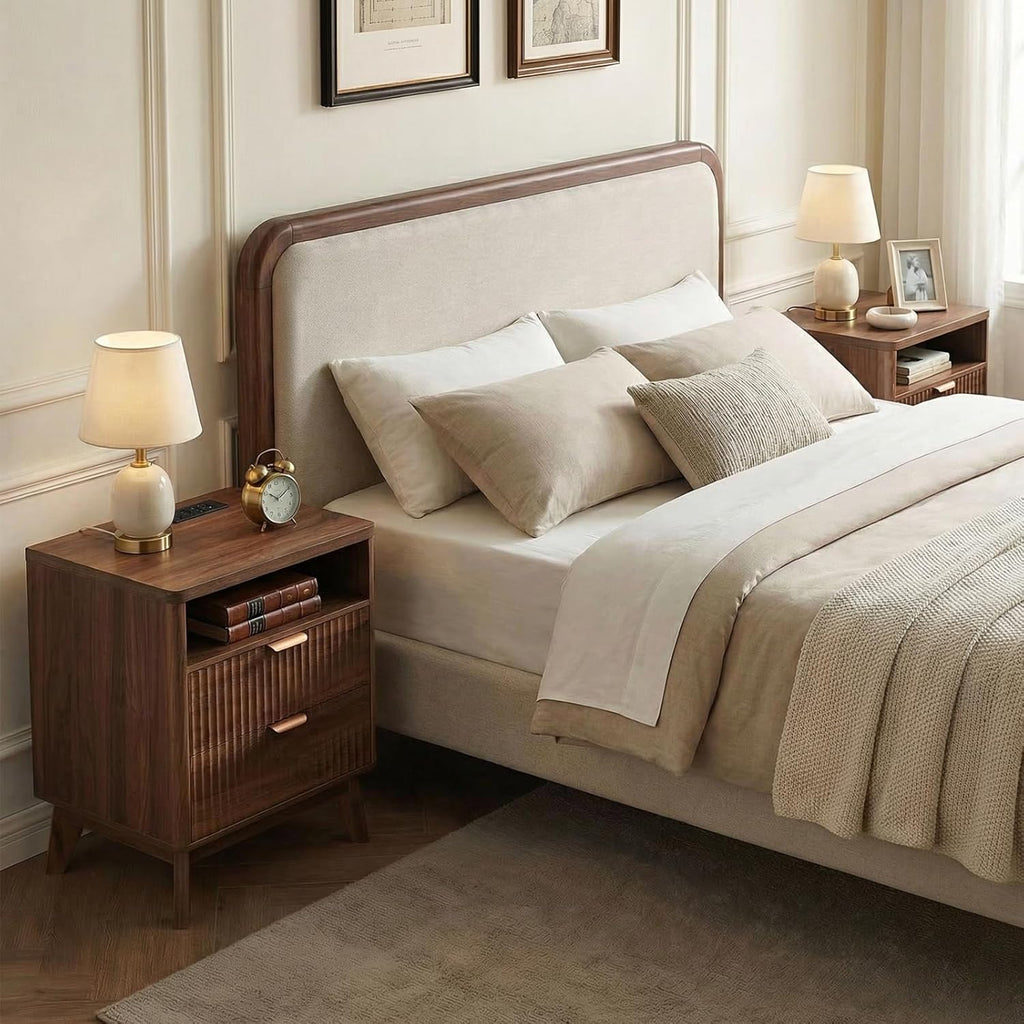 Fluted Nightstand with Charging Station, 19.7 inch Wide End Table with 2 Drawers, Modern Wood Bedside Table ,Brown,1