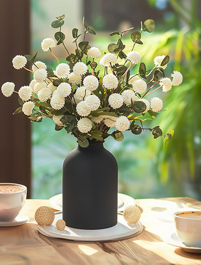 Fake Mum Flowers in Vase, White Dining Table Centerpiece Decor | With Metal Vase 12 Stems of Artificial Mums