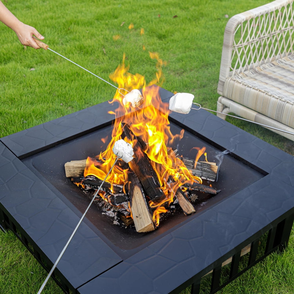 32 inch Fire Pit, Square Outdoor Fire Pit Table with Spark Screen & Fire Poker