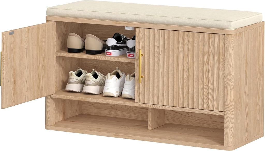 Fluted Shoe Storage Bench with Cushion, Entryway Bench with Adjustable Shelves and Open Bottom Shelf, Hidden Shoe