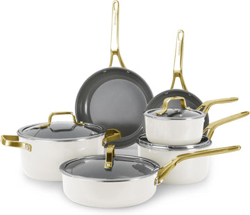 White 10 Piece Ceramic Cookware Set | Pots Pans for Family Meals | Include saucepan, saute pan, stockpot, frying