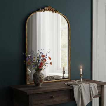 Vintage Baroque Arched Wall Mirror 36"x24", Gold Ornate Antique French Traditional Decor Mirror for