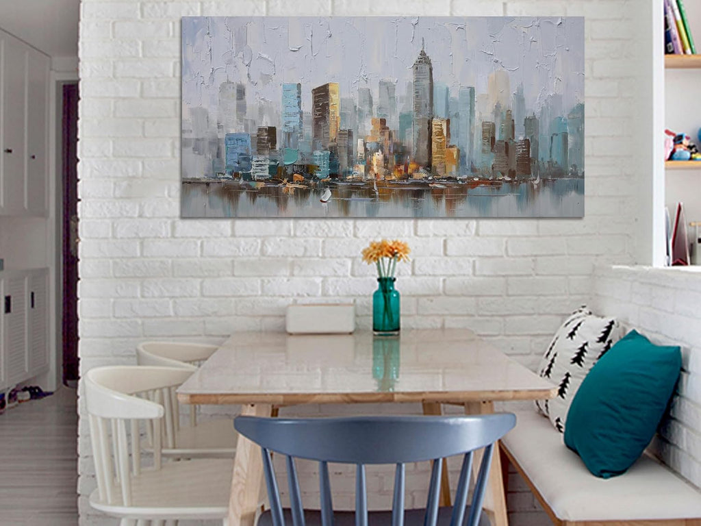 Abstract Cityscape Canvas Wall Art New York City Painting Modern Skyline Colorful NYC Grey Blue Picture