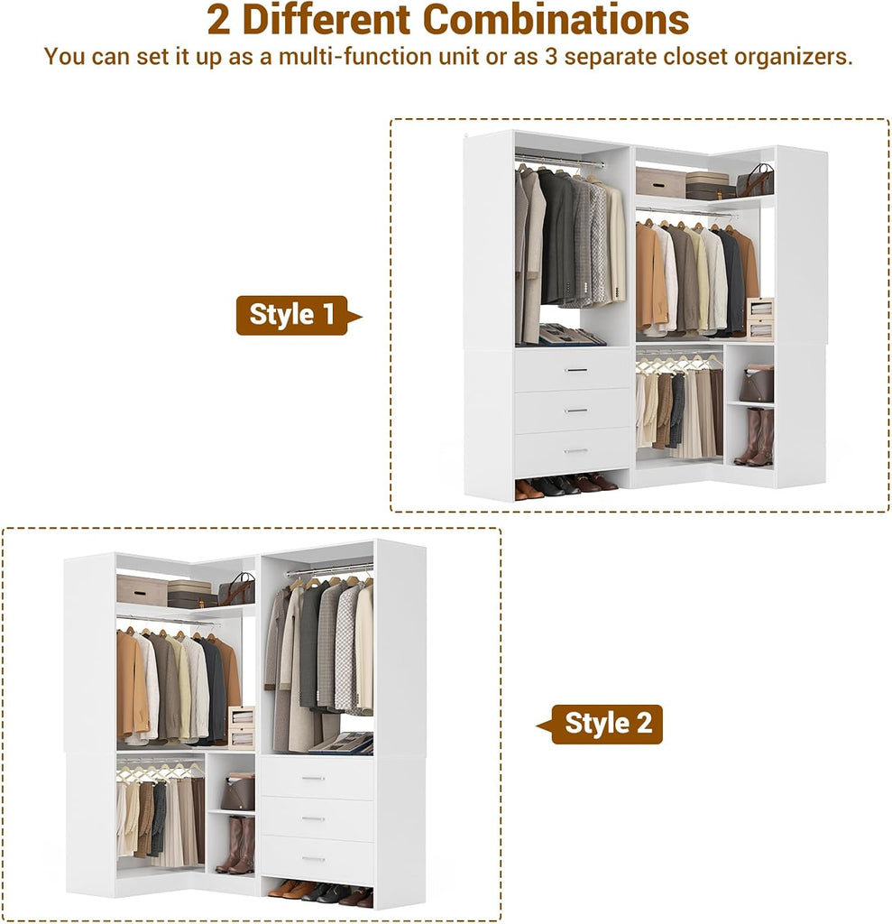 Closet System with 3 Drawers, 2 Hanging Rods & Corner Tower, Corner Closets System with Hanging, L-Shaped Walk-In