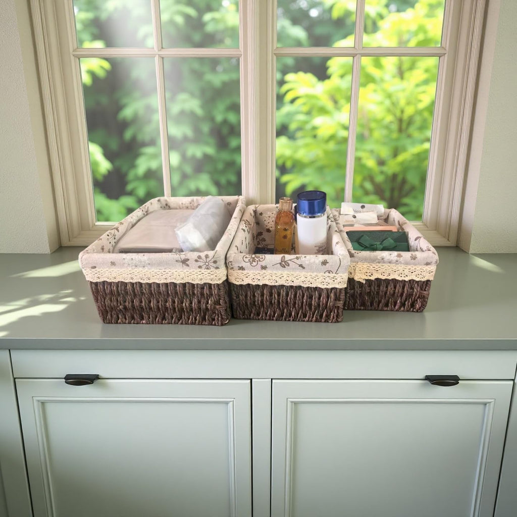 Wicker Woven Baskets With Liner, 3Packs Small Square Decorative Shelf Basket Storage And Organizing (coffee)