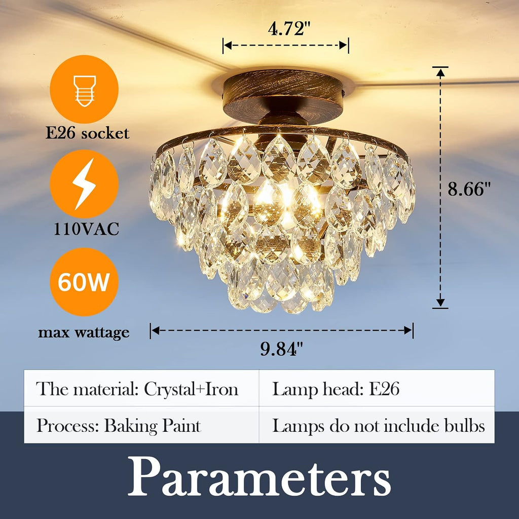Crystal Chandelier,Modern Semi Flush Mount Small Ceiling Light Oil Rubbed Bronze,Mini E26 Ceiling Lamp Bedroom