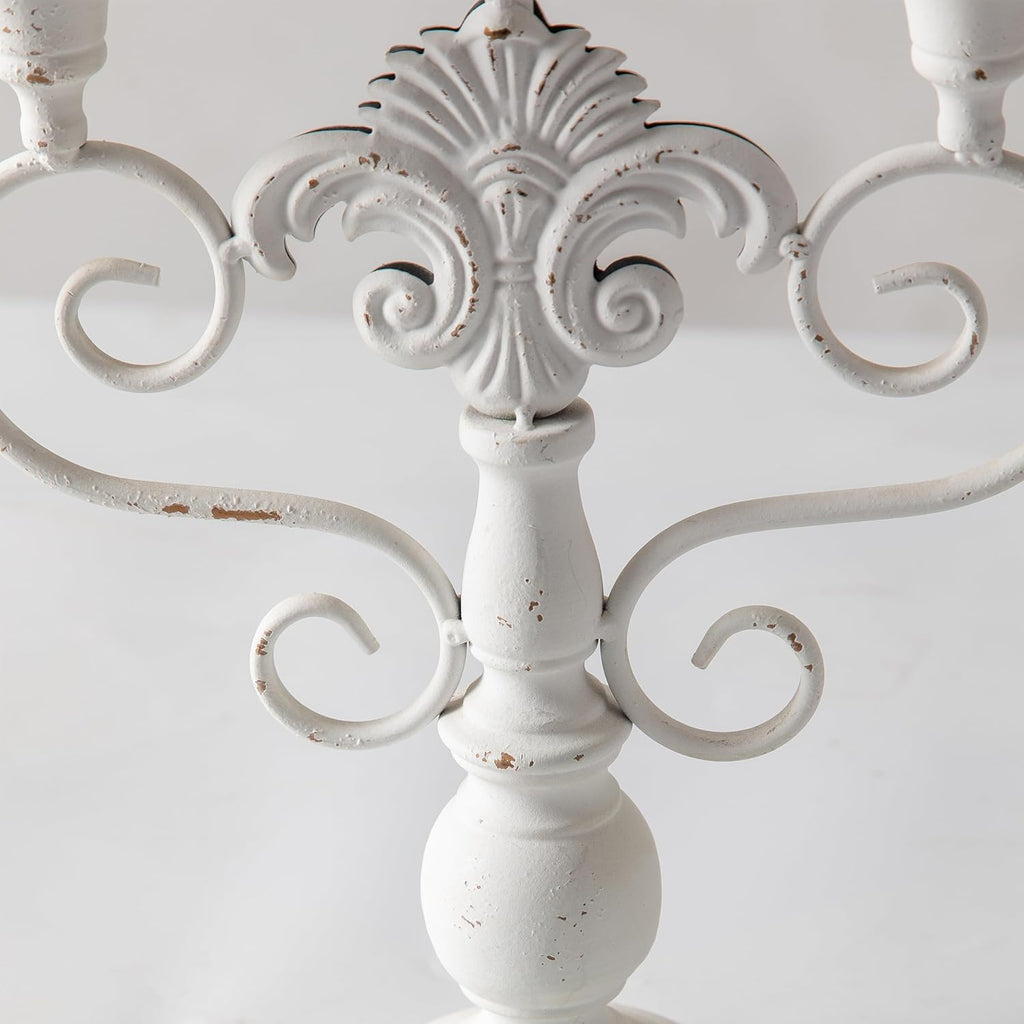 Pillar Candle Stand 3 Arm Candelabra Iron White Candle Holders Centerpiece, Rustic Classy Candlestick Holder 15 Inch