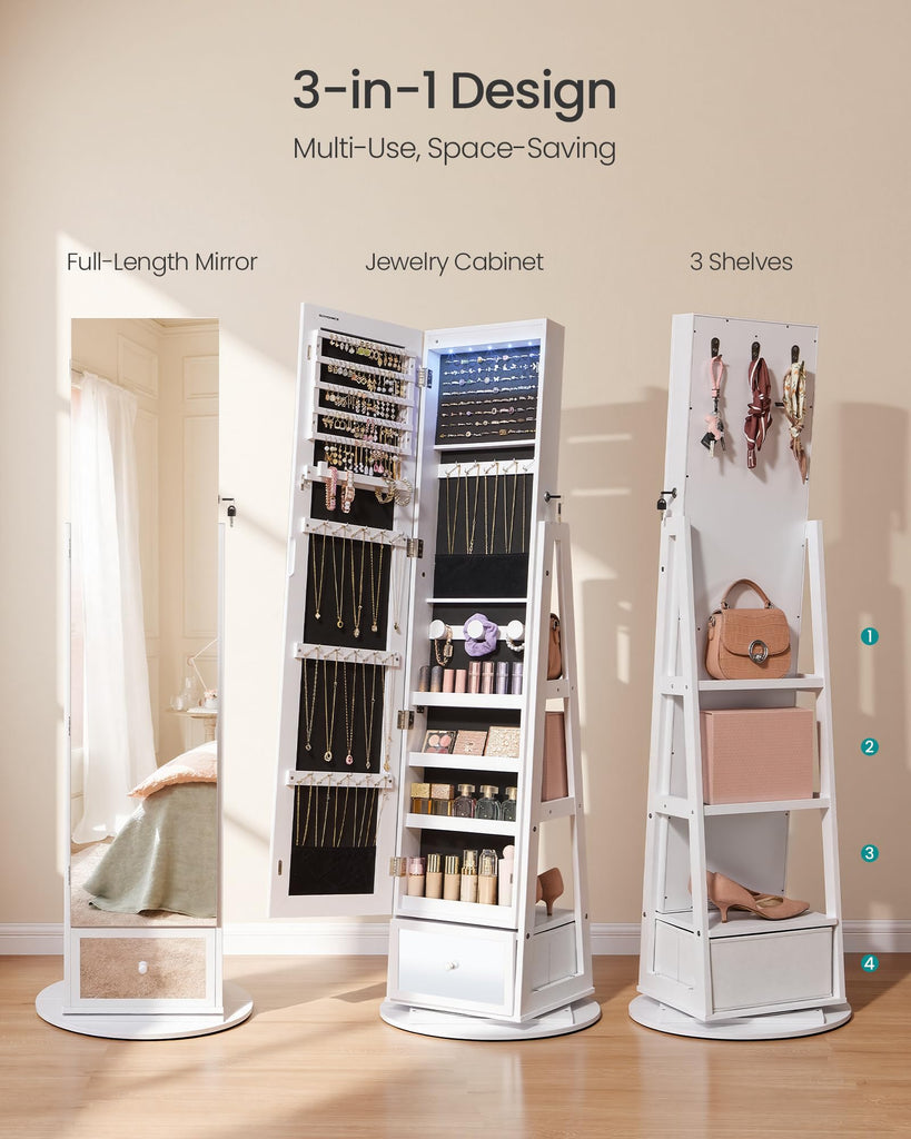 LED Jewelry Organizer, Full Length Mirror with Storage, Rotating