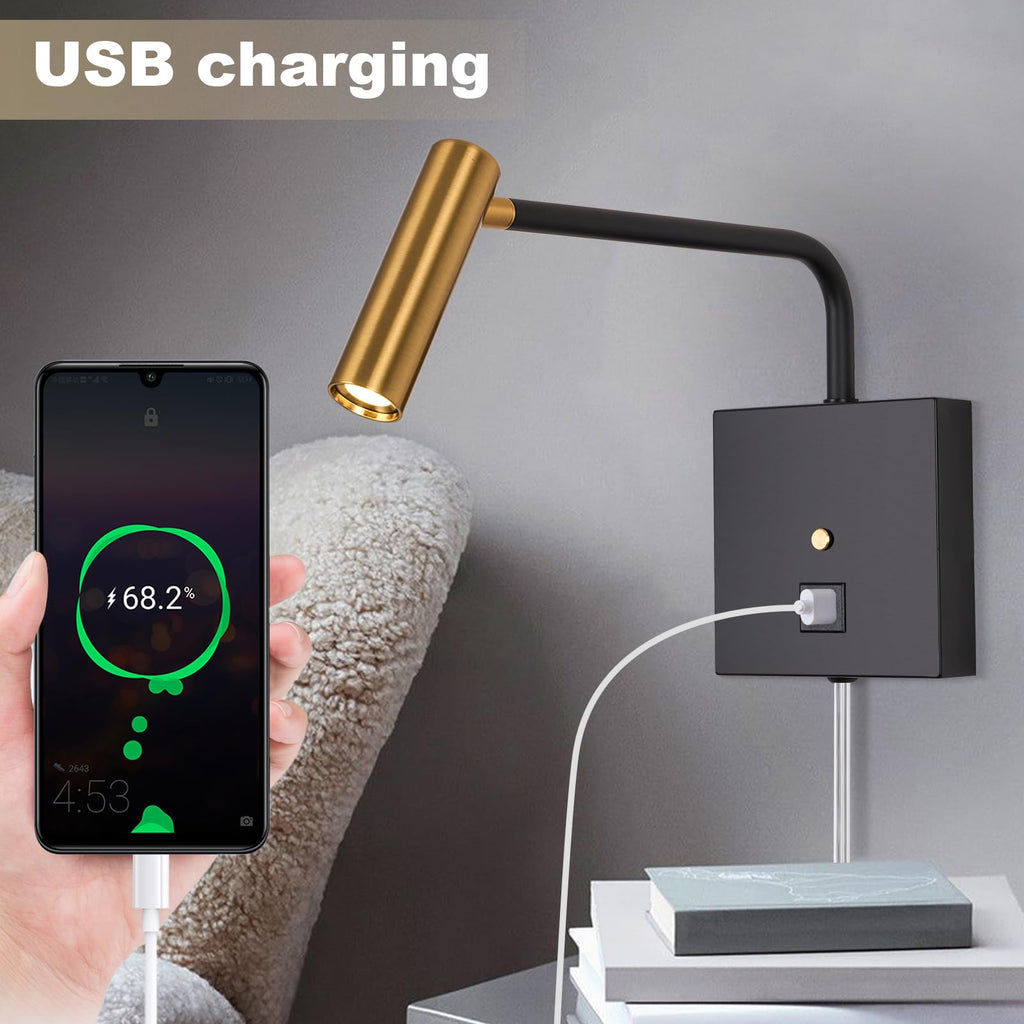 LED Wall Lamp Wall Mounted Reading Lights, Dimmable Adjustable Headboard Plug in Wall Sconce with USB C+A Ports
