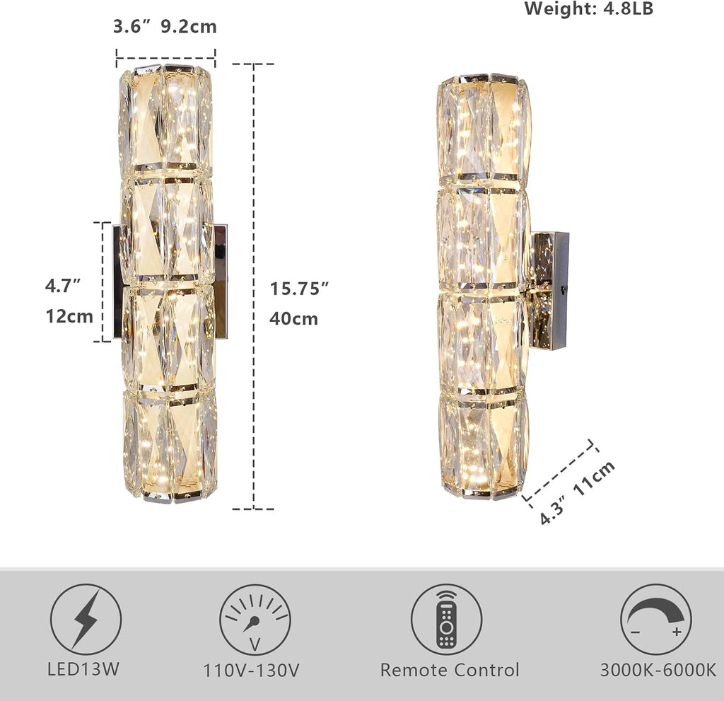 Luxury Chrome Crystal Wall Sconces, Modern Indoor Dimmable Wall Light Fixture with Remote Control, LED K9 Crystal