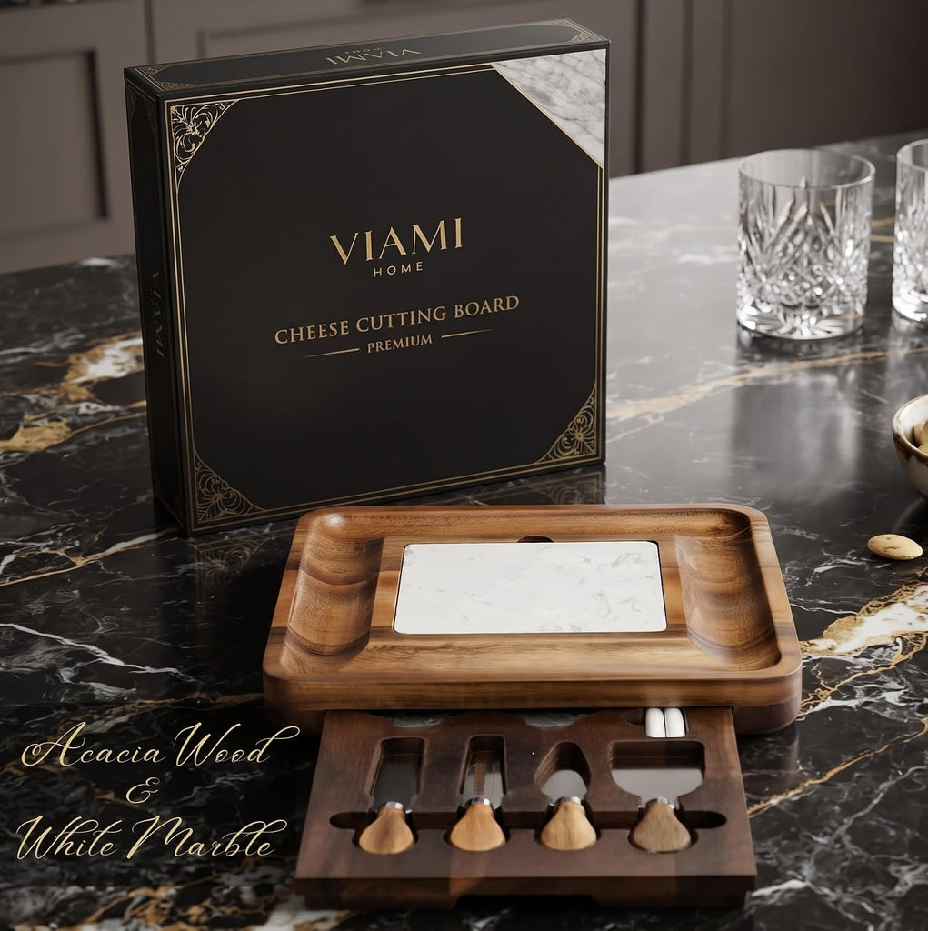Premium Acacia Cheese Board Set with Slide-Out Drawer & 4 Cheese Knives, Charcuterie Board with Marble-Style Insert