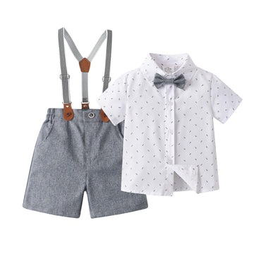 Baby Boys Gentleman Outfits Suits Clothes Set, Infant Shirt+Shorts+Bow Tie+Suspenders