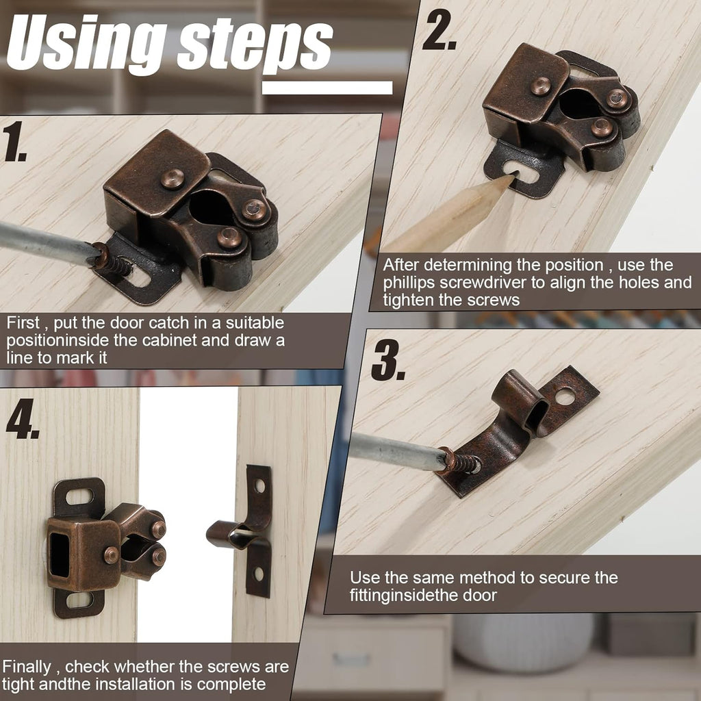 20 Pcs Cabinet Door Latch and Catch Hardware Double Roller Catch Cabinet Latches with Spear Strike Doors Kitchen (Brown