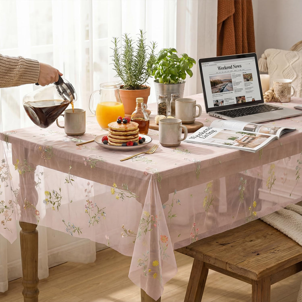 Embroidery Flower Pink Tablecloth 60×84 Inch Rectangular