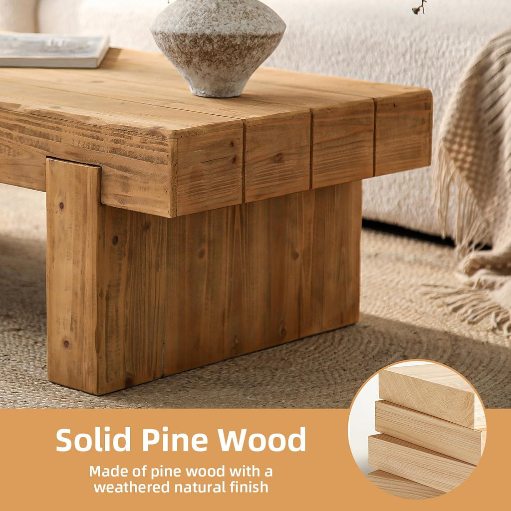 47.6" Coffee Table, Mid-Century Modern Solid Wood Coffee Table with Sturdy Base