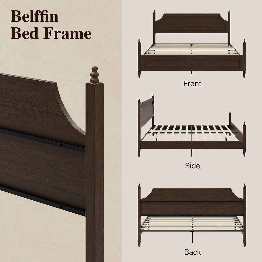 Classic Four-Poster King Bed Frame with Curved Headboard, Walnut Wood