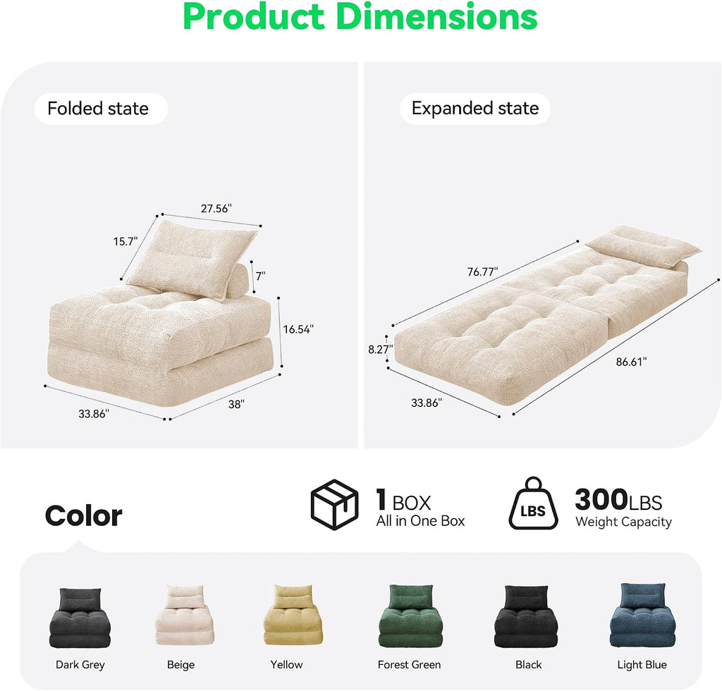 Folding Sofa Bed, 3-in-1 Convertible Sleeper Chair Bed, Fold Out Floor Futon Chair with Pillow, Single Couch for