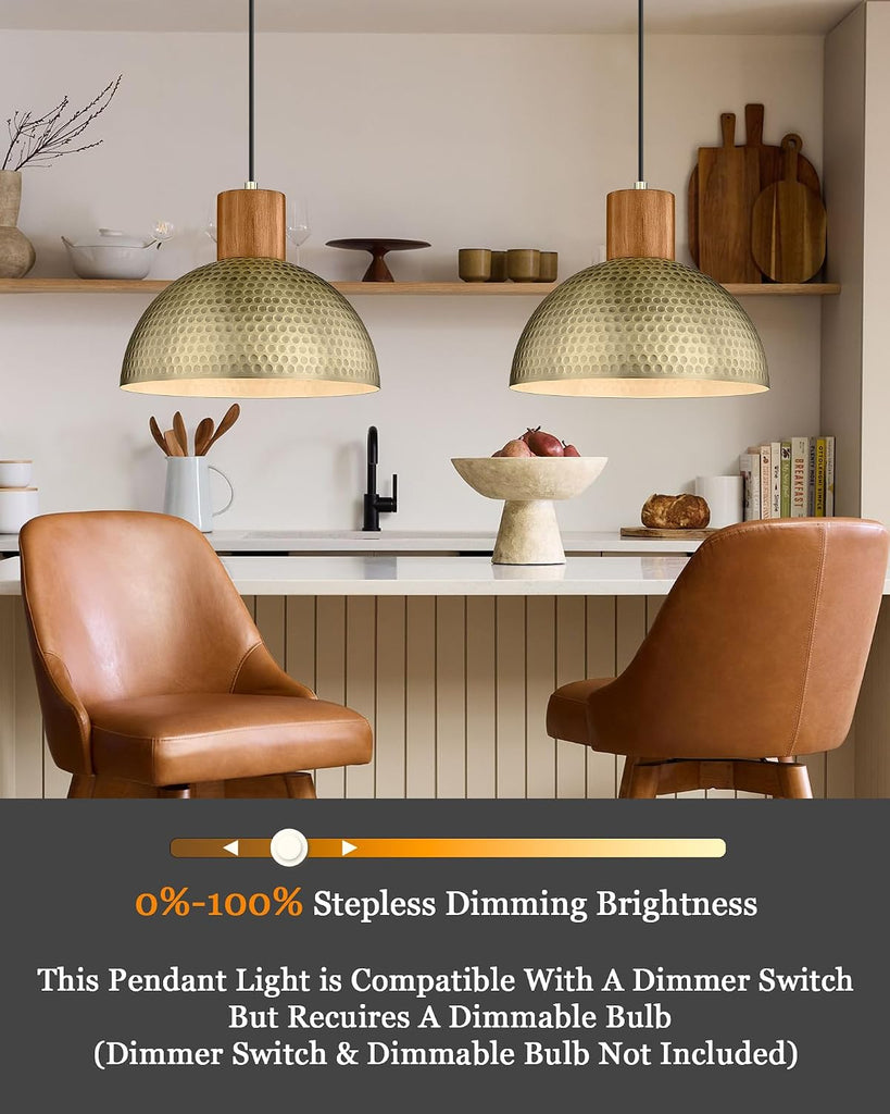 2 Pack Hammered Pendant Lights 12" Vintage Metal & Wood Dome Hanging Lamp Antique Gold Industrial Kitchen Pendant