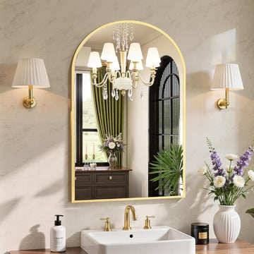 20"x30" Arched Gold Bathroom Mirrors for Wall, Bathroom Mirrors for Over Sink, Metal Framed with HD Shatter-Proof Glass
