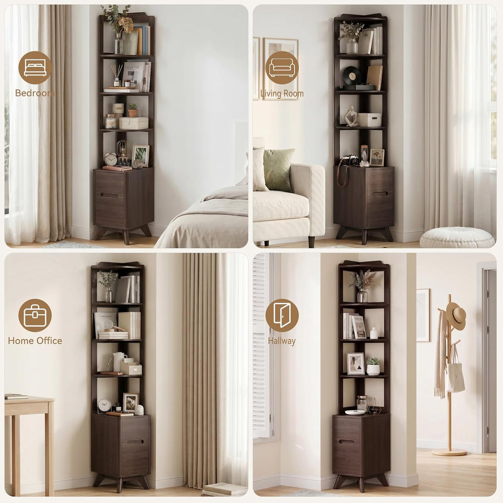 70" Tall Nightstand with Bookshelf, Corner Shelf Stand with Charger Station | Wall Wood Reversible Open Shelf, Modern