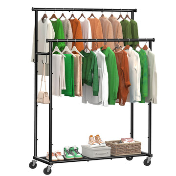 Double Rods Clothes Rack with Wheels Load 400 LBS, 45 Inch Rolling Clothing Rack for Hanging Clothes, Heavy Duty