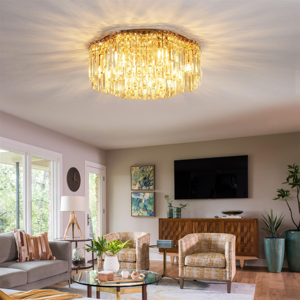 Flush Mount Crystal Chandelier, 24 inch Modern Crystal Ceiling Lights with Warm White Light Bulb (2700K), Flush Mount