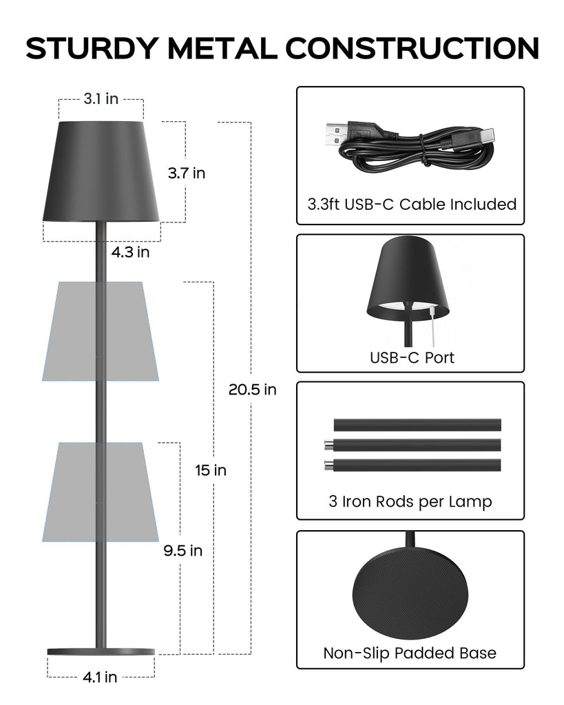 Cordless Table Lamps Rechargeable, 3 Adjustable Height, 5000 Capacity Operated, 3 Colors Smooth Dimming, Portable LED