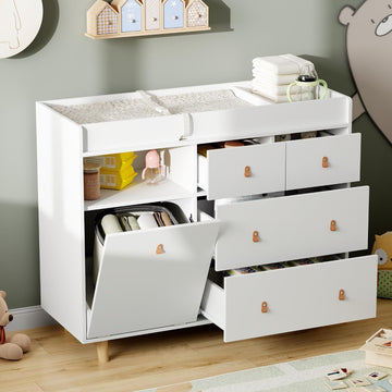 Baby Changing Table Dresser with 5 Drawers, Baby Nursery Dresser with Tilt Out Laundry Basket, Infant Changing