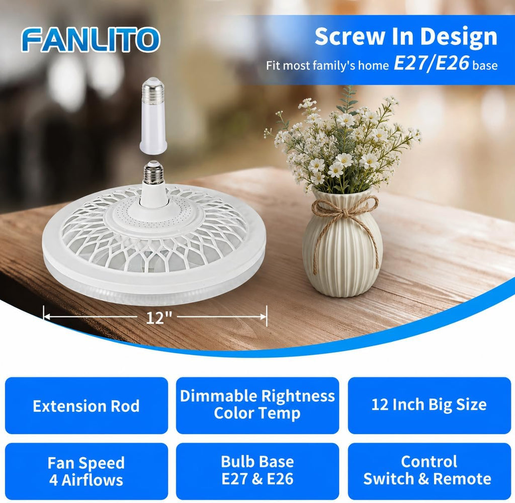 Light Socket Fan with Remote 12”, Screw in Socket Fan Light with Dimmable Brightness and Color Temp, Socket Modern Flush Mount Low Profile Ceiling Fan for Bedroom, Small Living Room, Kitchen