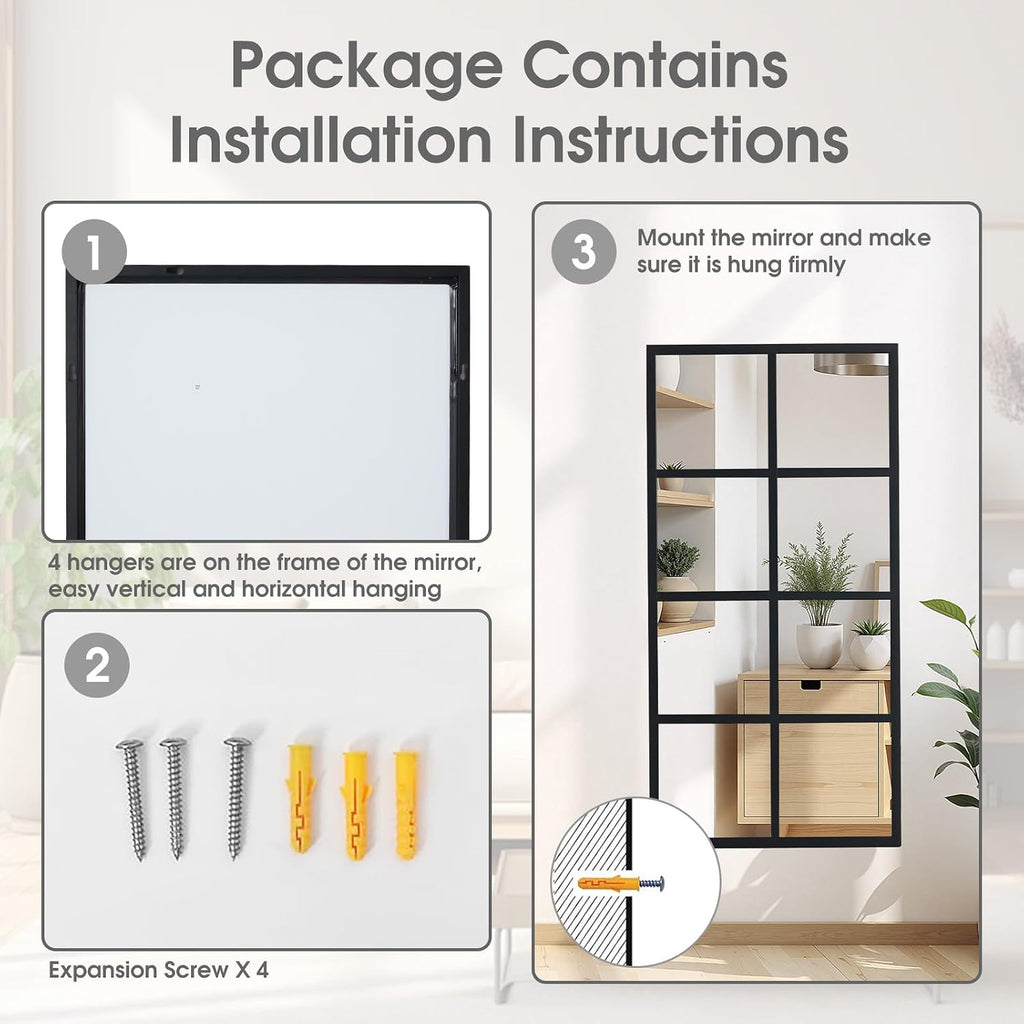 Wall Mirror 16" x 32", Set of 2 Rectangle Window Pane Decorative Mirrors, Metal Framed Wall Mounted Mirror