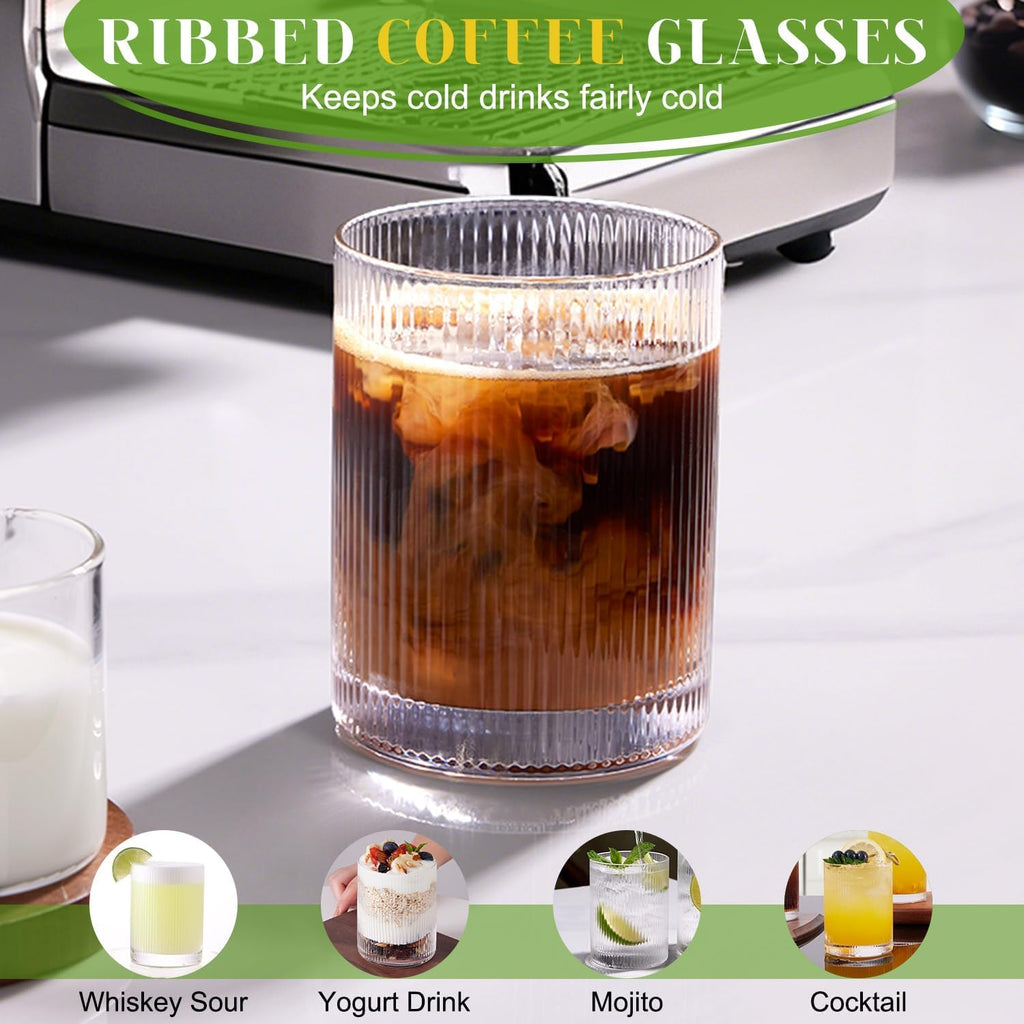 Drinking Water Glasses Set, Lead-Free Crystal Highball Glass, Tall Glass Cups for Cocktail Parties,ribbed set of