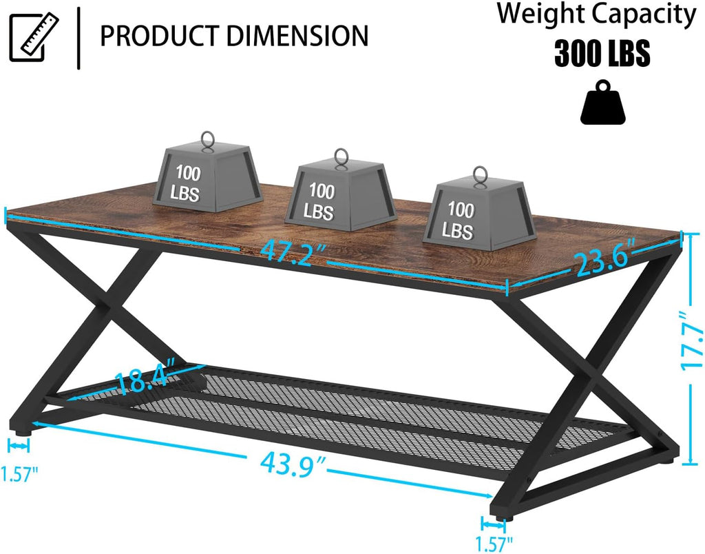 Rustic Coffee Table with Storage, Industrial Wood Metal 2 Tier Center Living Room Table with Mesh Shelf